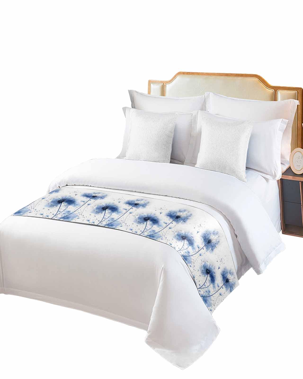 Ldtrchee Bed Runner for King Size Bed, Blue Dandelion Decorative Scarf Throws for Foot of Bed, Simple Pastoral Country Nature Flowers Luxury Bedding Protector Slipcover for Hotel/Home, 94 x 20 Inch