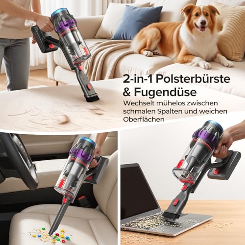 Lubluelu Akku Staubsauger 50000Pa/550W/50Min Staubsauger Kabellos mit Display, Anti-Tangle-Bürste, leichte & Flexible Bauweise, Akkustaubsauger für Tierhaare/Teppiche/Hartböden/Auto G10