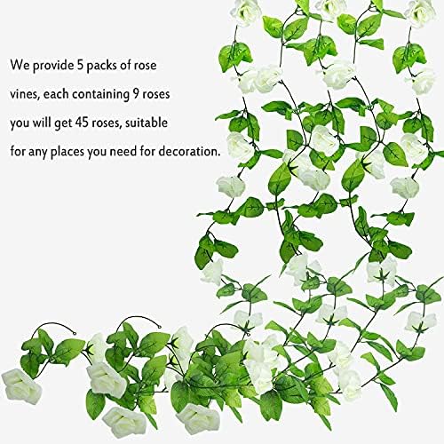 Huryfox 5pcs 36 FT Artificial Flowers Garland - Rose Fake Plant Hanging White Floral Vine Decoration for Indoor Outdoor, Garden Party Wedding Arch Decorations, Art Wall Home Decor botanical Collection