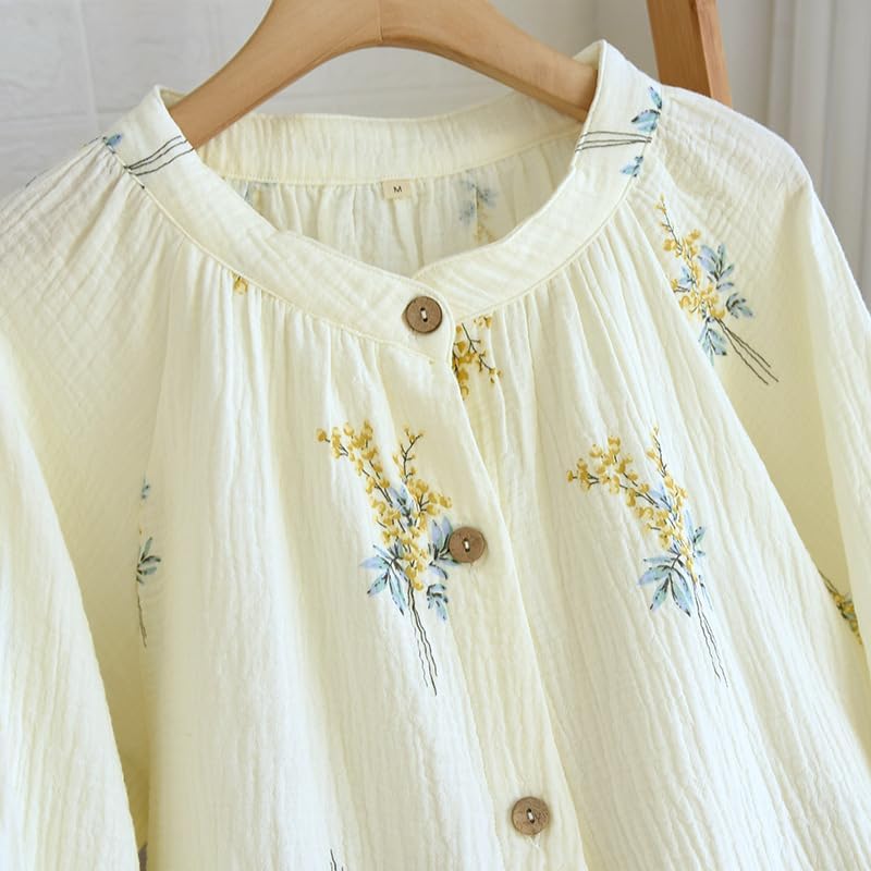 Womens Cotton Gauze Pajama Sets Muslin Pj Set Crew Neck Button Down Sleepwear 2 Piece Lounge Set - Image 2