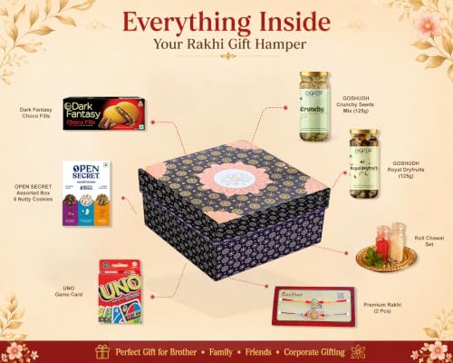 Image of Goshudh Premium Rakhi Gift Hamper for Brother & Sister | 7pcs | Crunchy Seed Mix, Royal Dryfruits Mix, Open Secret Assorted Cookies, Dark Fantasy, UNO Cards, Set of 2 Rakhi with Roli Chawal | Luxury Blue Lotus Gift Box | Raksha Bandhan Gift