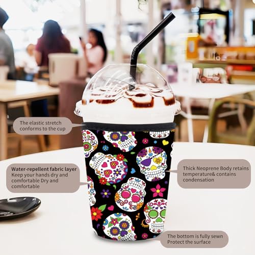Image of 3 Pack Reusable Neoprene Insulator Sleeve for Iced Coffee Cups, Funny Coffee Cup Sleeves for 16-32oz Coffee cups, Cute Drink Sleeve for Cold Hot Beverages Cute Floral Skull