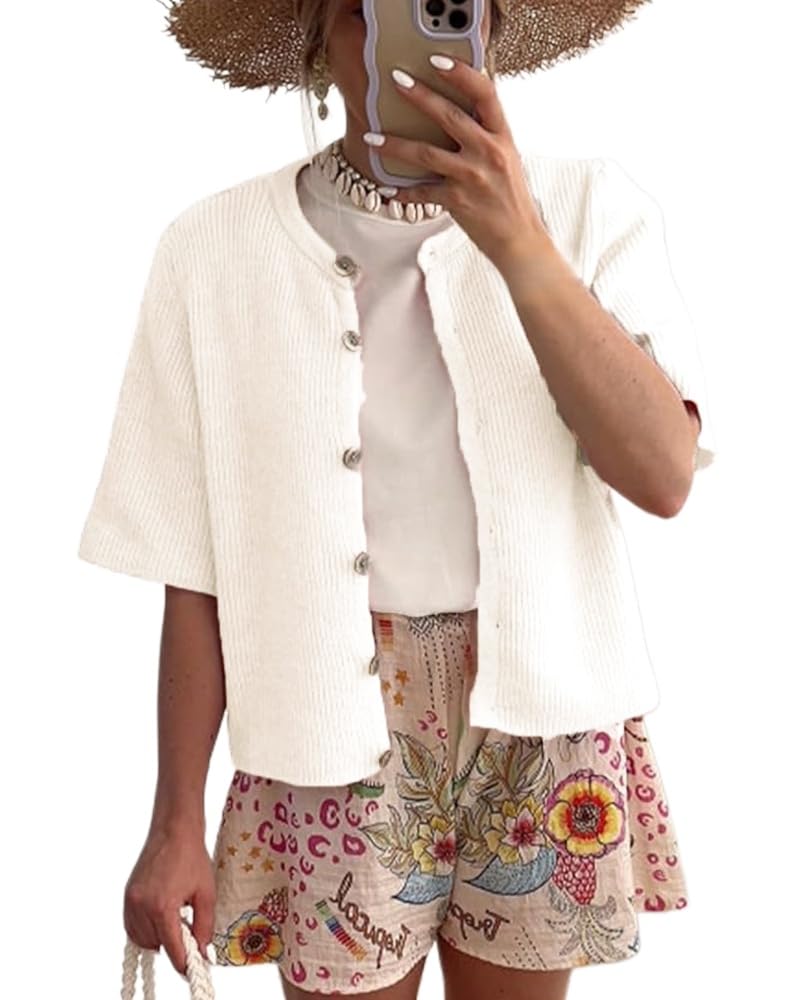 Cardigan Femme Chic Et Elegant Gilet Court en Maille pour Femme Style Années 2000 Manches Courtes Boutonné Style Cardigan Couleur Unie Maille Côtelée Vêtement D'Extérieur Léger Pou