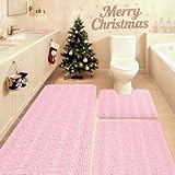 ACCUMTEK Christmas Striped Pink Bathroom Rug Set 3 Pieces Ultra Soft, Non Slip Chenille Toilet Mat, Absorbent Plush Shaggy Bath Mats for Bathroom, Bedroom, Kitchen