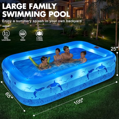 Piscina inflable con luces, piscina inflable familiar mejorada 2024 para niños y adultos, piscina inflable alimentada por energía solar, piscina grande para niños, 105 x 65 x 25 pulgadas,