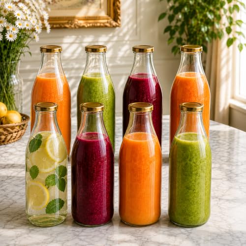 Image of Pure Source India 1 Litre Glass Bottle with Gold Metal Lid - Reusable, BPA-Free, Leak-Proof Beverage & Milk Storage Container (Set of 8)