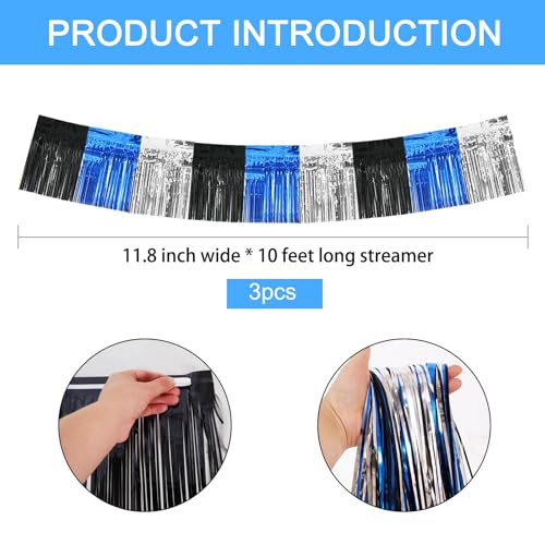 Image of BEISHIDA Black Blue Silver Fringe Garland Banner Wall Tinsel Foil Streamers | 3Pack,30ft,Hanging Shiny tinsel Metallic garland for graduation,Car floats,Bridal shower,Wedding,Birthday,Halloween,Christmas