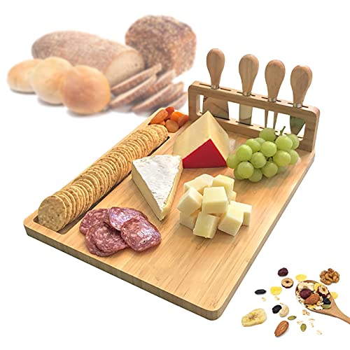 Käsebrett aus Bambus mit Käsemesser-Set 35,5 x 28 cm Wurstplatte und Servierbrett Servierplatte aus Holz Geschenk für Weihnachten, Hochzeit, Geburtstag Cover