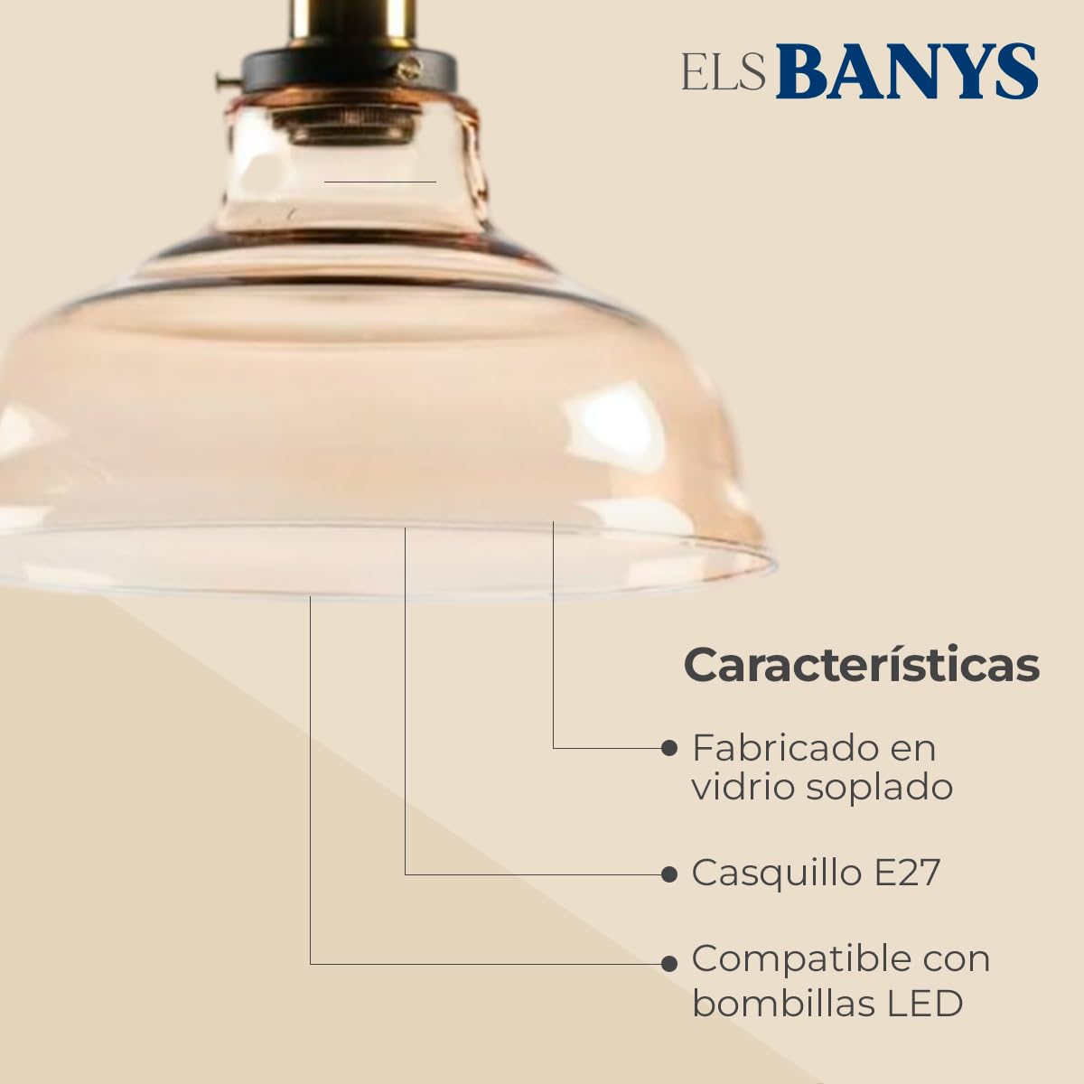Lámpara Colgante de Vidrio Soplado Brio - Embellecedor Metálico Vintage – Ø28 cm – Casquillo E27 – Altura Ajustable 100 cm – IP20 - Ambar