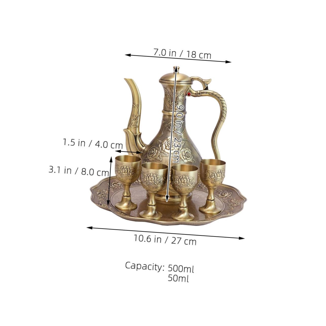 SOIMISS Vintage Türkisches Kaffee Weingeschirr Set mit Kunstvoll Geprägtem Rosenmuster Metall Karaffe Gläser und Tablett Antikes Design für Tee Weingenuss Festliche Dekoration