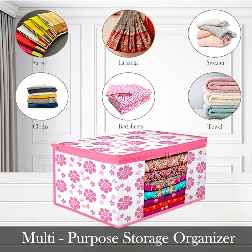 Image of Kuber Industries Zip Closure Saree Cover Bag | Clothes Storage Bag | Wardrobe Organiser | Transparent Window| Flower-Design | 9 inch | Pack of 3 | Pink