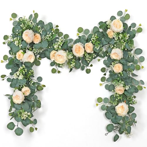 SOMYTING 2 guirnaldas de flores de eucalipto artificiales de 13.1 pies con rosas falsas, hojas de eucalipto, guirnalda de vegetación para boda, telón de fondo, fiesta, centro de mesa, decoración de