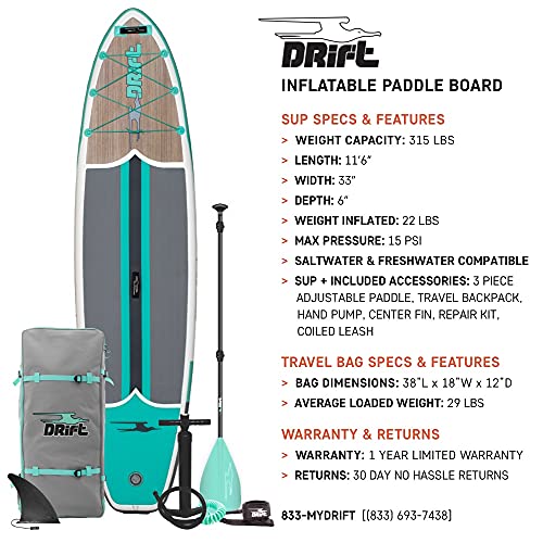 Drift 11'6" Inflatable Stand Up Paddle Board, Sup With Accessories | Coiled Leash, Pump, Lightweight Paddle, Fin & Backpack Travel Bag (Classic) #TOP3