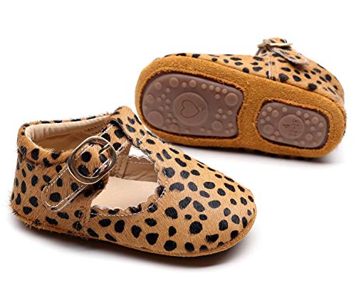 HONGTEYA Leather Leopard Baby Shoes Hard Sole T-Strap Boys Girls Moccasins for Infants Babies Toddlers (6-12 Months/ 5 M US Toddler, Leopard1)
