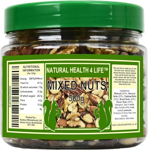 Natural Health 4 Life Whole Mixed Nuts 500g, 5 Nut Mix Walnut, Almonds, Cashew Nuts, Pecans, Brazil Nut, Vegan, Gluten Free, No Peanuts, High Protein and Fibre Snack in Tub (1 Jar)