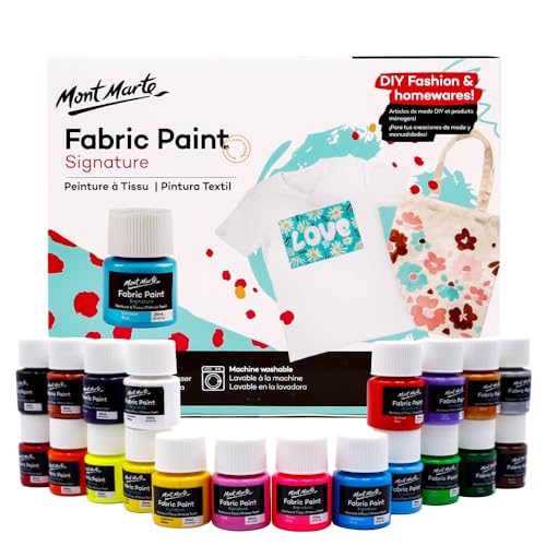 Image of Mont Marte Fabric Paint Set 20pc x 20ml, Black,Gold,Green,Pink,Purple,Red