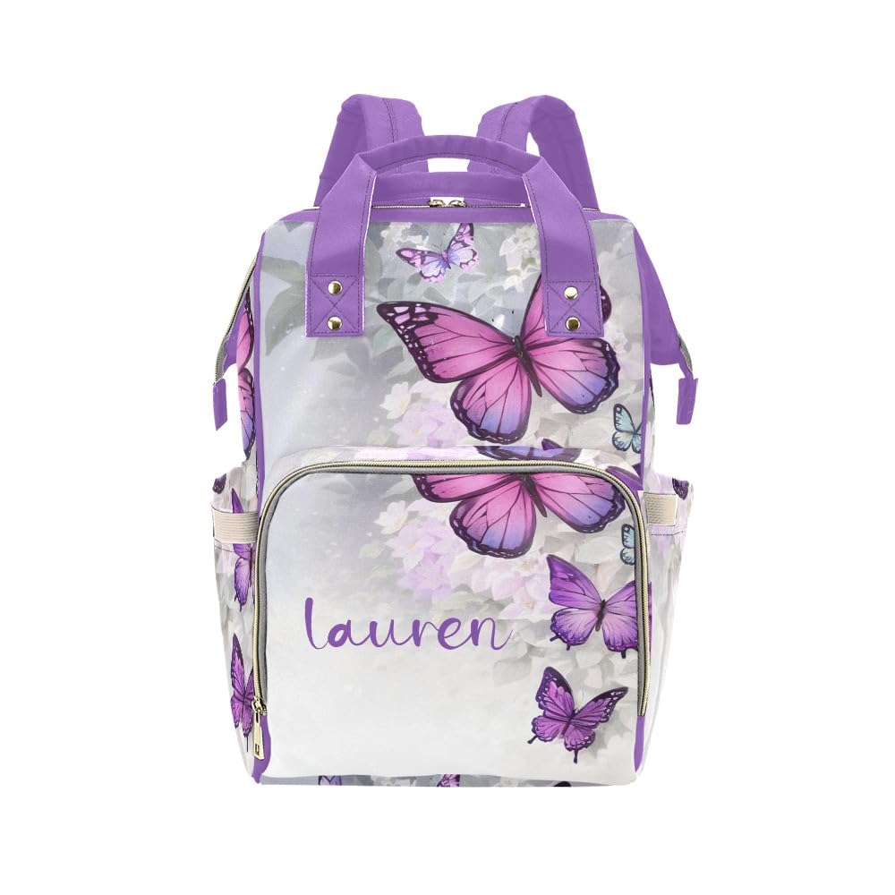 Anneunique Fantasy Cute Purple Butterfly Diaper Bags Backpack with Name Personalized Baby Bag Nursing Nappy Bag Travel Tote Bag Gifts for Mom Girl,