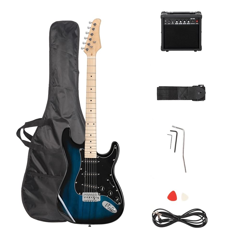 Trayoz Full-Size Electric Guitar Kit with 20Watt Amp, SSS Pickups Beginner Electric Guitars Kit W/All Accessories Strap, Gig Bag & Cable (Blue)