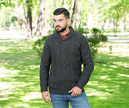 100% Merino Wool Men's Shawl Collar Single Button Irish Cable Knit Sweater Knitwear with Pockets 5