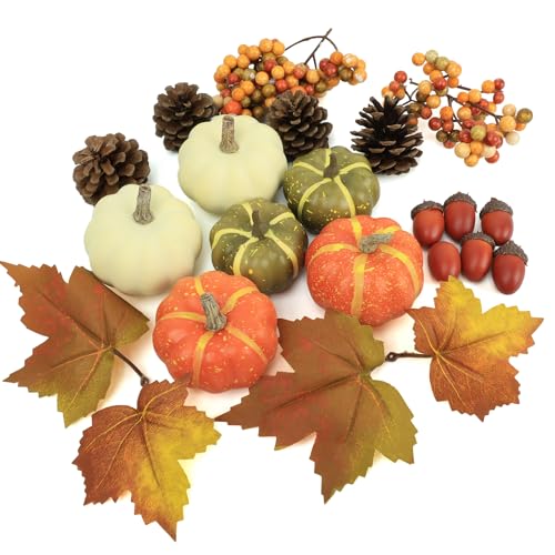 20 Pcs Realistic Fall Mini Pumpkin Decorations Pumpkin Decor with Maple Leaves Pine Cones AcornsThanksgiving Decorations Indoor for Home Farmhouse Harvest Thanksgiving Table Decor