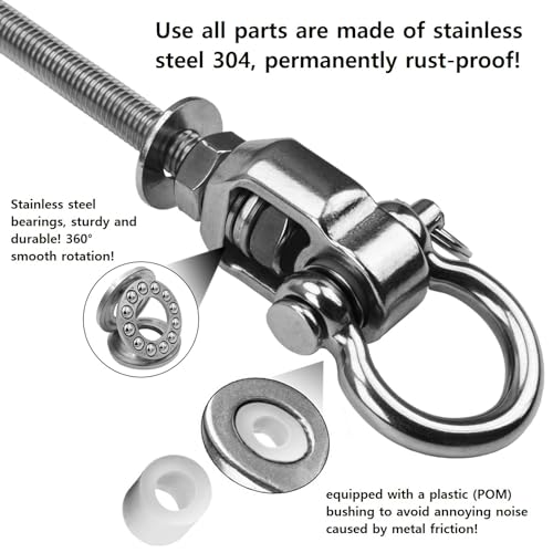 Yyiwhmy 2 Heavy Duty Stainless Steel Swing Hangers with Bearings,Quiet and Smooth Swivel Hooks for Wood and Steel Beam, Ideal for Hanging Hammocks, Yoga Swings, Porch Swing, Sandbag 1500 LB Capacity