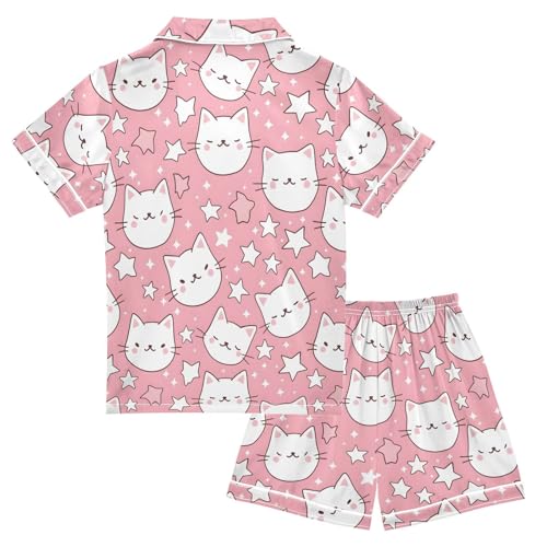 Pink Cat Stars Pajamas Set Summer Button Down Sleepwear Pjs Sets Comfy Loungewear2