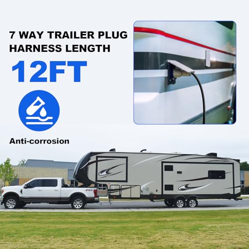 Image of 12 Ft 7 Pin Trailer Plug 10-14AWG 7 Way Trailer Plug Brass 7 Pin Trailer Wiring Harness Heavy Duty 7 Wire Trailer Wiring Harness Kit With Dust Cover 7 Way Trailer Wire for Rv Trailer Camper