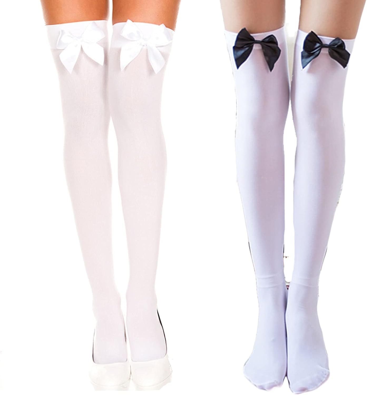 2PCS Women Satin Bow Stockings Thigh High Stock Over The Knee Socks Long Stocking