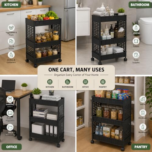 Image of wall love Plastic Storage Rack Trolley with Wheels for Kitchen, Bathroom & Bedroom - Multipurpose Organizer Shelf Rack for Fruits, Toiletries, Snacks and Household Storage (3 Layer)