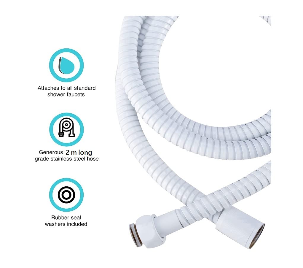 White matt Universal 1 Mode Shower with Shower Hose 2 m Slim Square High Pressure Shower Head Rainfall Hand Held Water Saving Bathroom Handshower - Image 4