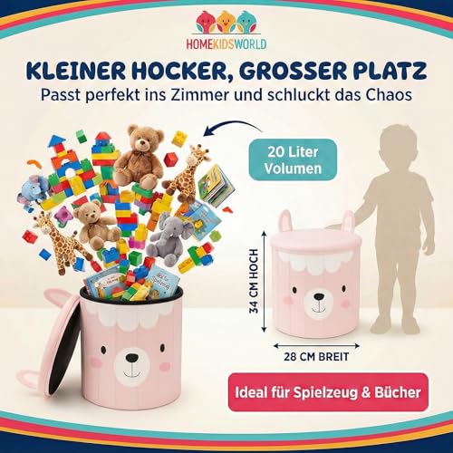 HomeKidsWorlds Kinderhocker Lama - Spielzeugkiste Kinderzimmer, Aufbewahrungsbox mit Deckel, Sitzbox Kinder, Sitzhocker mit Stauraum, Tierhocker für Kinder