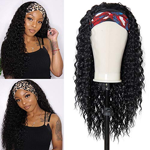 Curly Headband Wigs for Black Women Long Water Wave Headband Wigs,Synthetic Long Deep Curly Wigs with Headband, Natural Looking Daily Party Wigs (1B#, 24inch)