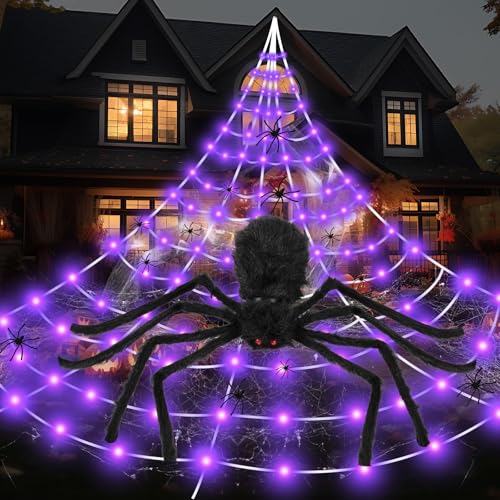 Spider Webs Halloween Decorations Outdoor Lights, 250 LED 16.4ft Halloween Spider Web Lights with 6.5ft Giant Spider,8 Modes, Waterproof Outdoor Decoration Indoor Party Garden Home Costumes