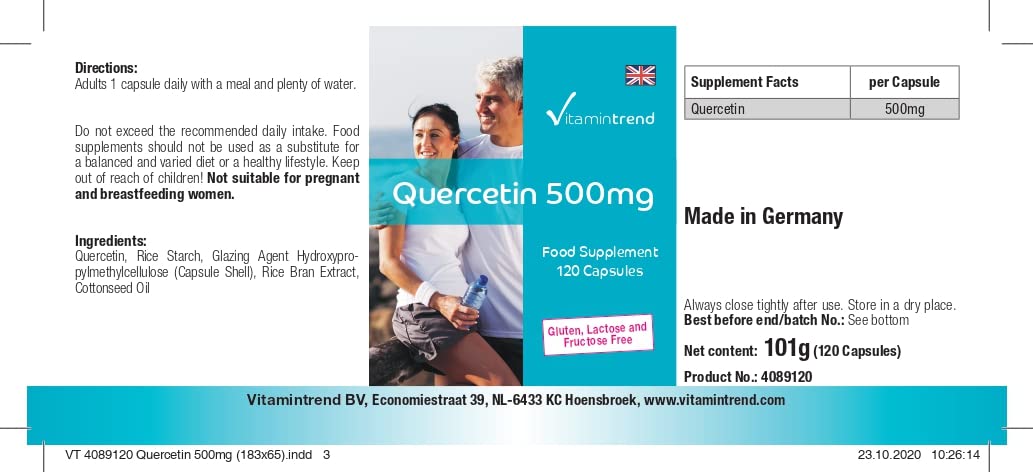 Vitamintrend Quercétine 500 mg, 120 gélules, hautement dosé, complément alimentaire végan sans stéarate de magnésium, fabriqué en Allemagne