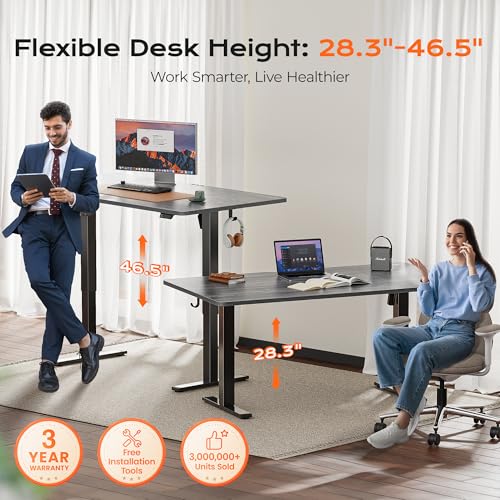 Image of Huuger 63 x 28 Large Electric Standing Desk, Height Adjustable Computer Desk, 27.6 inch Deep Desktop, Stand up Gaming Office Table with 2 Hooks, 3 Preset Heights, for Home Office, Grey