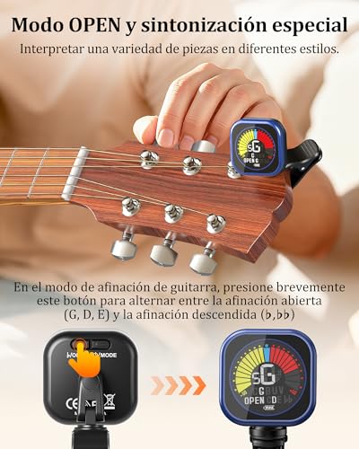 Image of New Bee Guitar Tuner Clip-On Rechargeable with Color Screen 360 Rotatable Acoustic Chromatic Open Tuning for Guitar, Bass, Ukulele, Violin (Blue, 1 Pack)