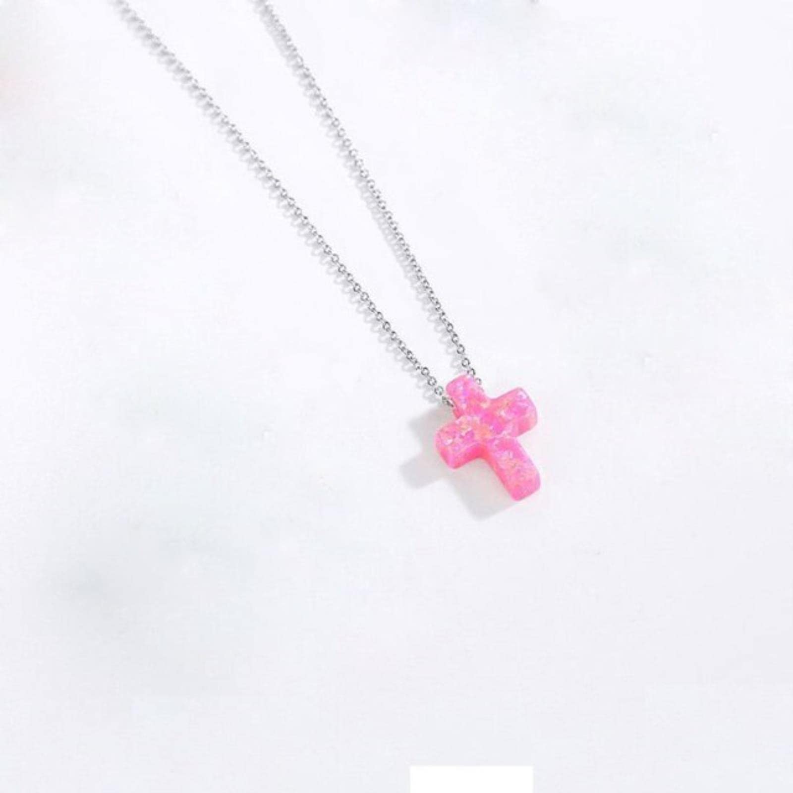 Bioliving Women's Pink Cable Chain New Cross Opal Necklace Genuine 925 Sterling Silver Blue Stone Cross Charm Opal Necklace Rosary