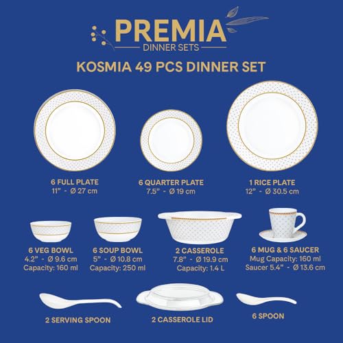 Image of Larah by Borosil 49pc Opalware Kosmia Dinner Set for Family of 6 | Microwave & Dishwasher Safe Crockery Set for Dining & Gifting | Plates & Bowls