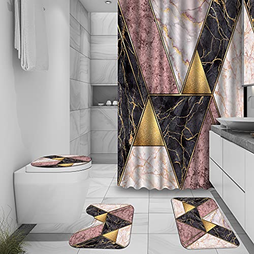4 Pcs Pink Marble Shower Curtain Sets, Marbled Irregular Triangle Geometric Bathroom Decor, Rug Toilet Lid Cover And Non-Slip U Shape Mat, Waterproof Polyester Shower Curtain With 12 Hooks, 72 X 72 In #TOP29