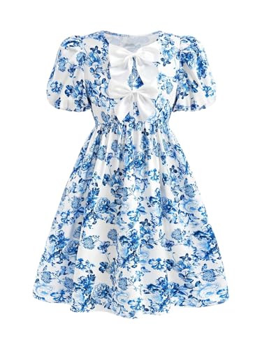 Floerns Girl's Cute Floral Bow Front Puff Sleeve Dress Ruffle A Line Mini Dresses