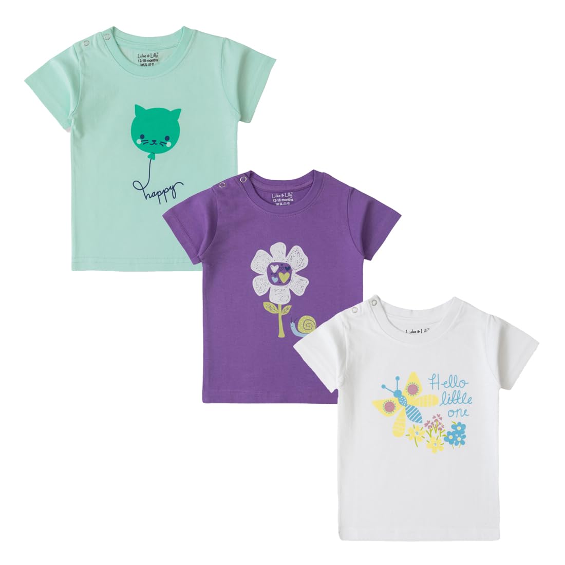 Luke and LillyBaby Girl Printed Cotton Half Sleeve Tshirt Pack of 3, 6-24 Months