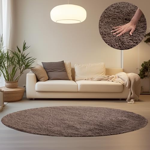 HomebyHome Teppich Rund Hochflor 200 cm Rund - Shaggy Runder Teppich Wohnzimmer Taupe Extra Weich und Flauschig - Waschbarer Langflor Teppiche für Schlafzimmer, Küche, Flur - Carpet, Halı, Kilim
