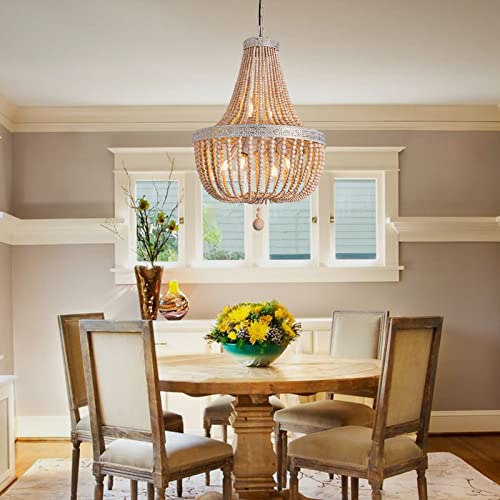 6-Lights Farmhouse Boho Wood Bead Chandelier,Modern Natural Wooden Beaded Pendant Light Fixture,E12 Adjustable Pendant Lighting for Dining Room Living Room Bedroom