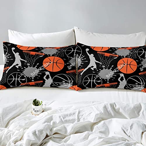 Loussiesd Kids Basketball Bedding Set Cool Sport Theme Duvet Cover Boys Sports Comforter Cover Set for Kids Childs Boys Teens 1 Duvet Cover with 2 Pillowcases Black Orange Double Size - Image 2