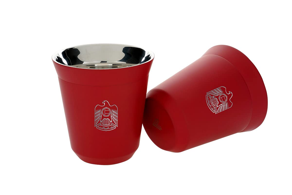 Rovatti Stainless Steel UAE Logo Printed Red Espresso Coffee Cup 175 ml (Pack of 2) | Coffee Cup | Espresso Cup | Pack of 2 Coffee Cup | Steel Cup | Steel Coffee Cup | Tea Cup | Cappuccino Cup