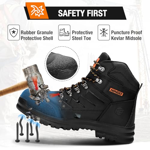 Image of NINGO Mens Steel Toe Work Boots, Full Grain Leather, Oil and Slip Resistant, Puncture Proof Construction Boots with Breathable Lining, Anti-static, Mens Safety Boots for Industrial, Warehouse