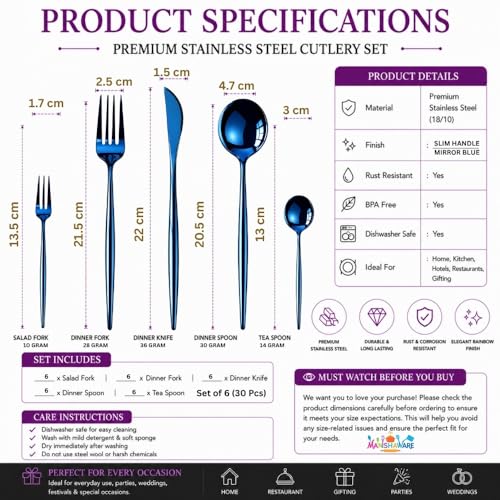 Image of Slim Handle Blue 30 Pcs Stainless Steel Cutlery Set for Dining Table, Dishwasher Safe Glossy Flatware (6 Spoon Set+6 Forks Set+6 Butter Knife+6 Dessert Spoon+ 6 Fruit Fork)