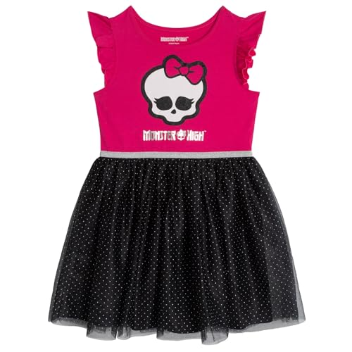 Monster High Little Girls Tutu Pleated Tulle Dress Logo Fuchsia/Black 7-8