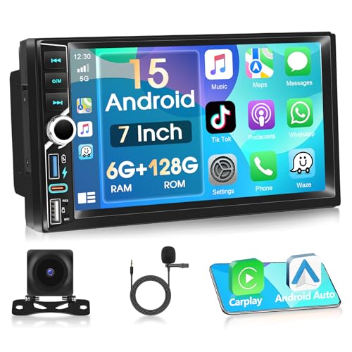 [6+128G] Autorradio 2 DIN A-pple Carplay Mejorado con Pantalla táctil IPS de 7 Pulgadas, Doble DIN, Android Auto Radio, Radio estéreo para Coche Android 15 con GPS/WiFi/Bluetooth 5.0/FM/EQ/UI/USB+AHD