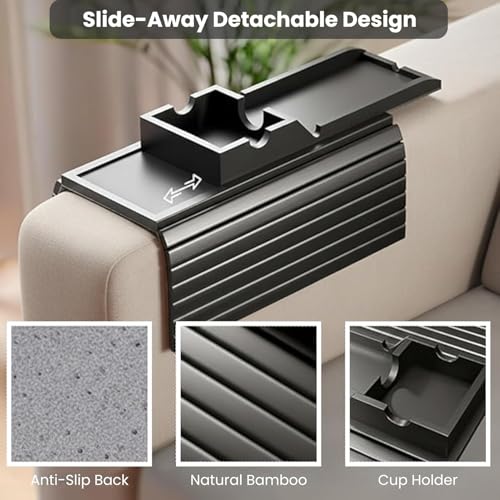 Image of Home Sparkle Premium Couch Armrest Tray Black 2-in-1 | Engineered Wood | Foldable Anti-Slip Serving Tray for Coffee, Snacks & TV Time | Sofa Arm Organizer with Cup Holder & Phone Stand